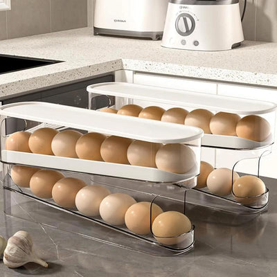Rolling Egg Dispenser – 2-Layer 12 Egg Fridge Organizer (White)