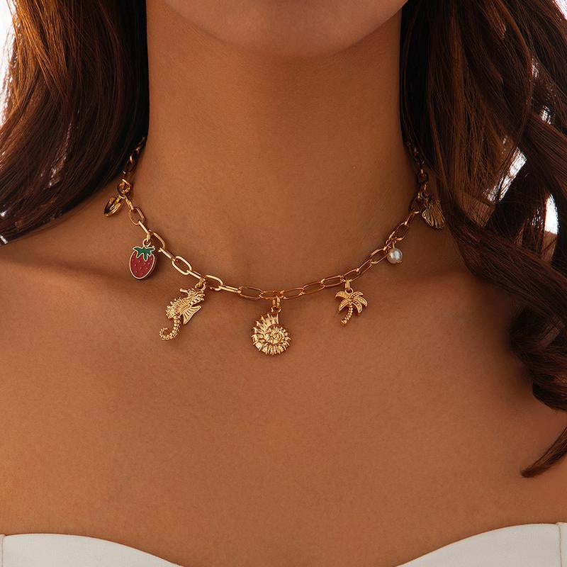 Exquisite Charms Pearl Pendant Necklace for Women Stainless Steel Gold Color Bow Charm Choker Conch Shell Fashion Jewelry