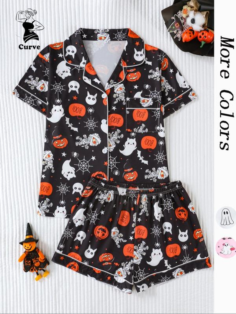 【Plus Size】 Cherry Print Top & Shorts Pyjama, Casual Comfy Short Sleeve Top & Shorts Pj Set, Women'S Sleepwear for Summer, Loungewear