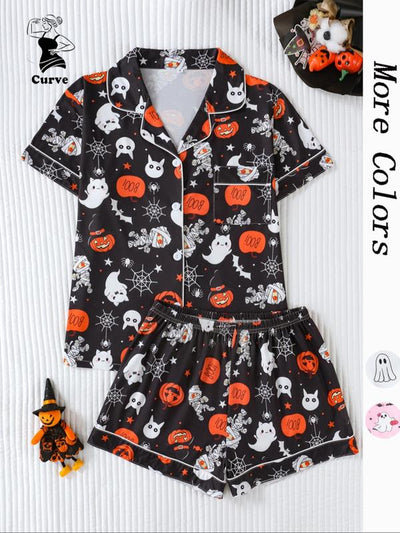 【Plus Size】 Cherry Print Top & Shorts Pyjama, Casual Comfy Short Sleeve Top & Shorts Pj Set, Women'S Sleepwear for Summer, Loungewear