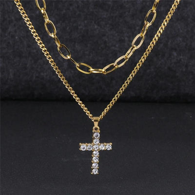 Stylish Stainless Steel Double - Row Cuban Link Chain with Sparkling Embellished Hip-Hop Cross Pendant Necklace