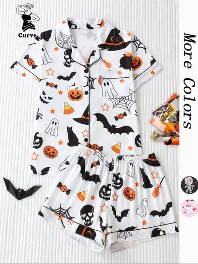 【Plus Size】 Cherry Print Top & Shorts Pyjama, Casual Comfy Short Sleeve Top & Shorts Pj Set, Women'S Sleepwear for Summer, Loungewear