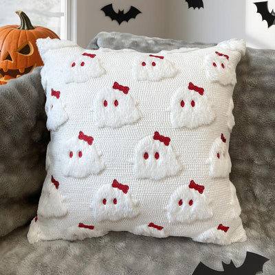 Halloween Pillow Covers 18X18 Set of 2 White Ghost Throw Pillow Cases Soft Plush Faux Fur Wool Cute Red Bow Pillowcases Couch Cushion Case Home Decor for Sofa Living Room