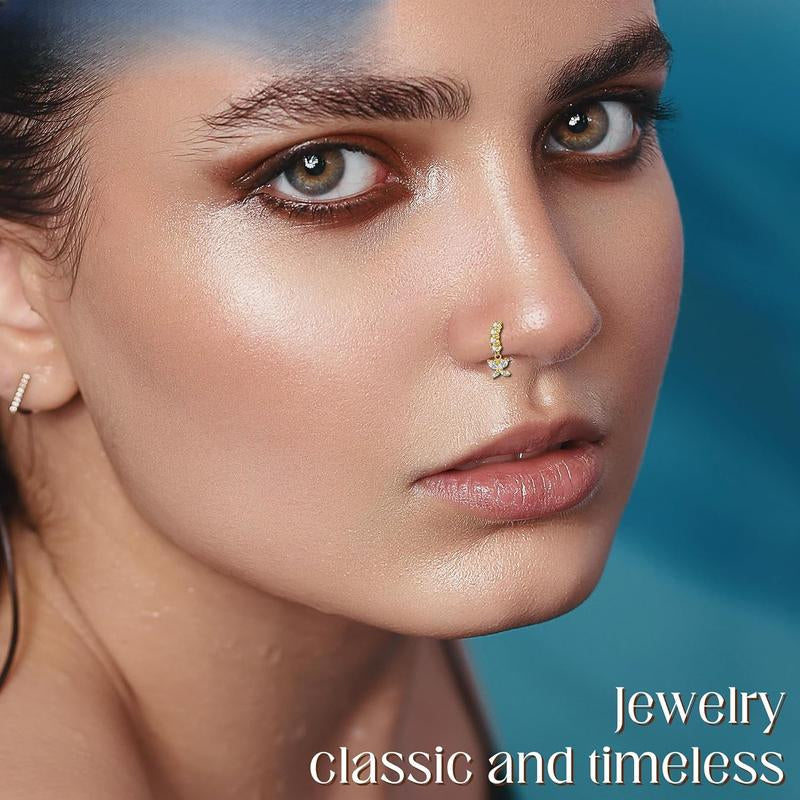 24 Count 20G Surgical Steel Dangle Nose Ring for Women L Shaped Dangling Nose Stud Dainty Nose Hoop Set CZ Flower Leaf Heart Moon Star Butterfly Dangle Nose Piercing