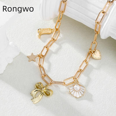 Exquisite Charms Pearl Pendant Necklace for Women Stainless Steel Gold Color Bow Charm Choker Conch Shell Fashion Jewelry