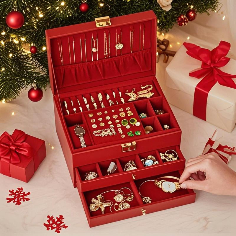 3 Layers Jewelry Velvet Box, 1 Set Large Capacity Jewelry Holder Organizer with Drawer, Lockable Divided Compartments Jewelry Multilayer Storage Boxes for Earring Necklace Ring, Gift for Women, Durable Storage Organizer