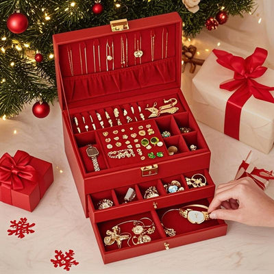 3 Layers Jewelry Velvet Box, 1 Set Large Capacity Jewelry Holder Organizer with Drawer, Lockable Divided Compartments Jewelry Multilayer Storage Boxes for Earring Necklace Ring, Gift for Women, Durable Storage Organizer