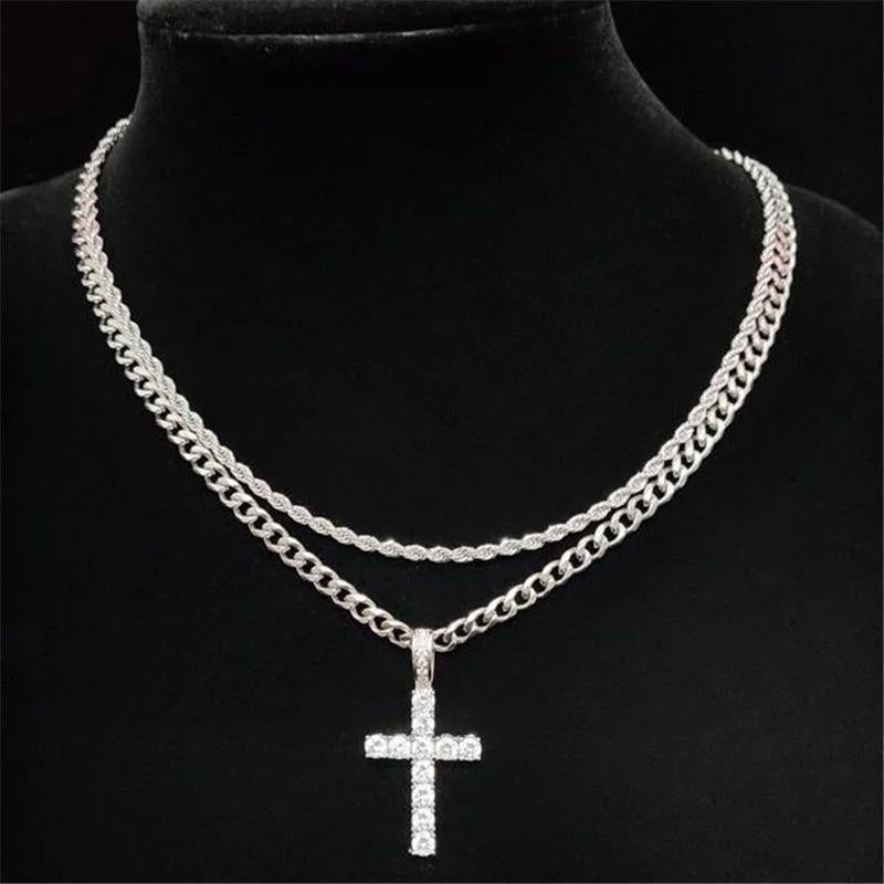 Stylish Stainless Steel Double - Row Cuban Link Chain with Sparkling Embellished Hip-Hop Cross Pendant Necklace