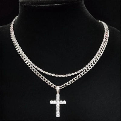 Stylish Stainless Steel Double - Row Cuban Link Chain with Sparkling Embellished Hip-Hop Cross Pendant Necklace