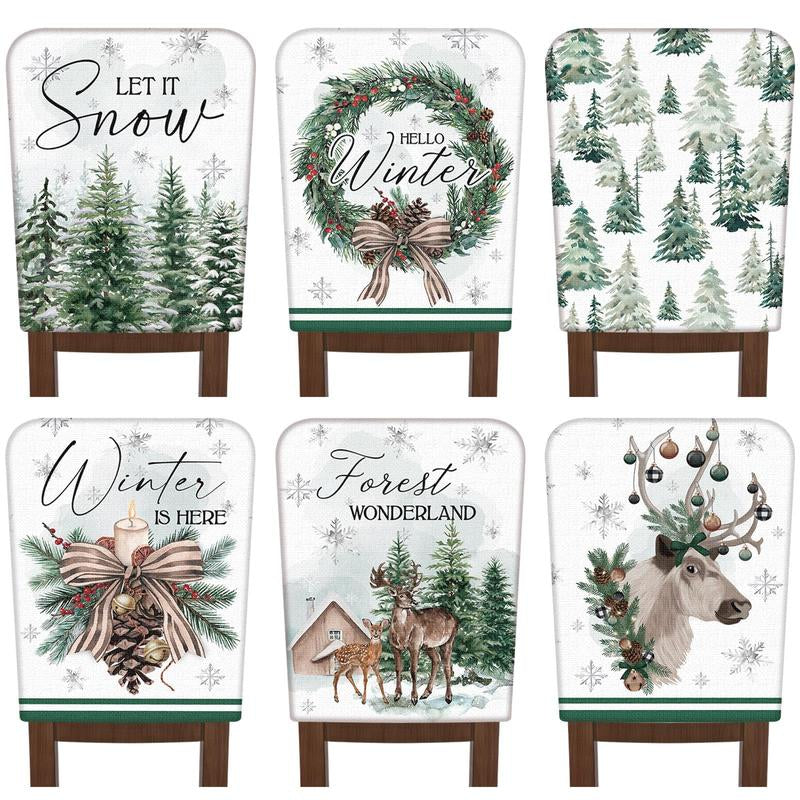 6 Pcs Christmas Chair Covers Christmas Themed Chair Back Covers Designed with Santa Clause Snowman Christmas Tree Elk Snowflake Nativity Patterns, Christmas Gifts, Festive Holiday Chair Protector for Home Dining Room Living Room Bedroom Decorations