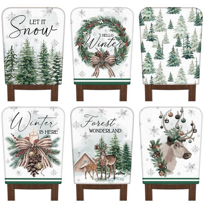 6 Pcs Christmas Chair Covers Christmas Themed Chair Back Covers Designed with Santa Clause Snowman Christmas Tree Elk Snowflake Nativity Patterns, Christmas Gifts, Festive Holiday Chair Protector for Home Dining Room Living Room Bedroom Decorations