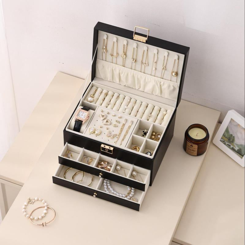 3 Layers Jewelry Velvet Box, 1 Set Large Capacity Jewelry Holder Organizer with Drawer, Lockable Divided Compartments Jewelry Multilayer Storage Boxes for Earring Necklace Ring, Gift for Women, Durable Storage Organizer
