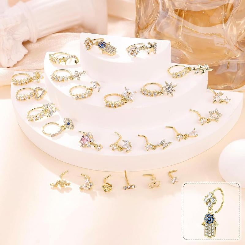 24 Count 20G Surgical Steel Dangle Nose Ring for Women L Shaped Dangling Nose Stud Dainty Nose Hoop Set CZ Flower Leaf Heart Moon Star Butterfly Dangle Nose Piercing