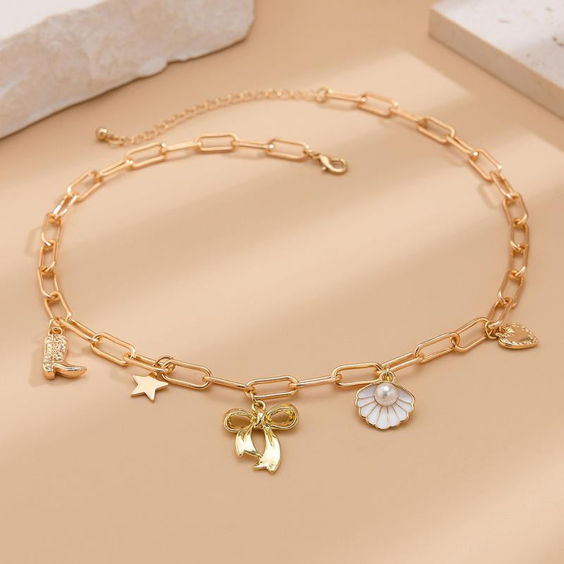 Exquisite Charms Pearl Pendant Necklace for Women Stainless Steel Gold Color Bow Charm Choker Conch Shell Fashion Jewelry