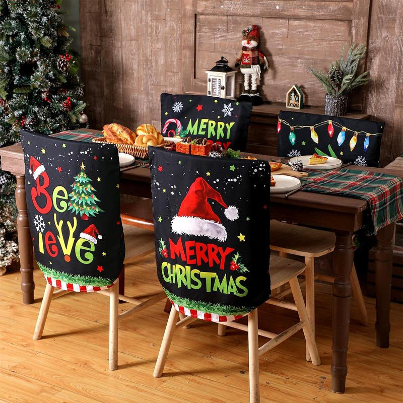 6 Pcs Christmas Chair Covers Christmas Themed Chair Back Covers Designed with Santa Clause Snowman Christmas Tree Elk Snowflake Nativity Patterns, Christmas Gifts, Festive Holiday Chair Protector for Home Dining Room Living Room Bedroom Decorations