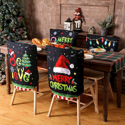 6 Pcs Christmas Chair Covers Christmas Themed Chair Back Covers Designed with Santa Clause Snowman Christmas Tree Elk Snowflake Nativity Patterns, Christmas Gifts, Festive Holiday Chair Protector for Home Dining Room Living Room Bedroom Decorations
