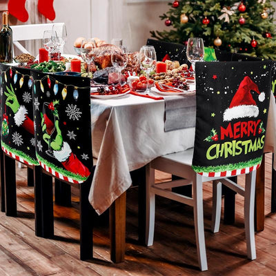 6 Pcs Christmas Chair Covers Christmas Themed Chair Back Covers Designed with Santa Clause Snowman Christmas Tree Elk Snowflake Nativity Patterns, Christmas Gifts, Festive Holiday Chair Protector for Home Dining Room Living Room Bedroom Decorations