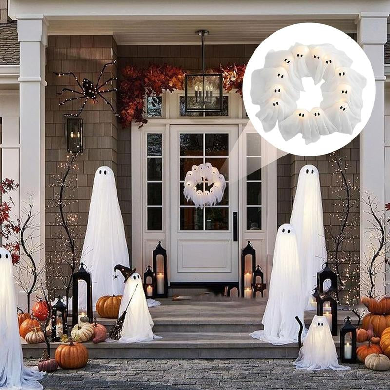 DIY Halloween Ghost Light Wreath, White Illuminated Ghost Wreath, Front Door Decoration, Indoor and Outdoor Wall, Window, Porch, Courtyard, Garden, Farmhouse, Family Party, Dance Party Decoration (No Battery, Need to Purchase AA Battery Yourself)