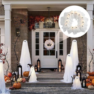 DIY Halloween Ghost Light Wreath, White Illuminated Ghost Wreath, Front Door Decoration, Indoor and Outdoor Wall, Window, Porch, Courtyard, Garden, Farmhouse, Family Party, Dance Party Decoration (No Battery, Need to Purchase AA Battery Yourself)