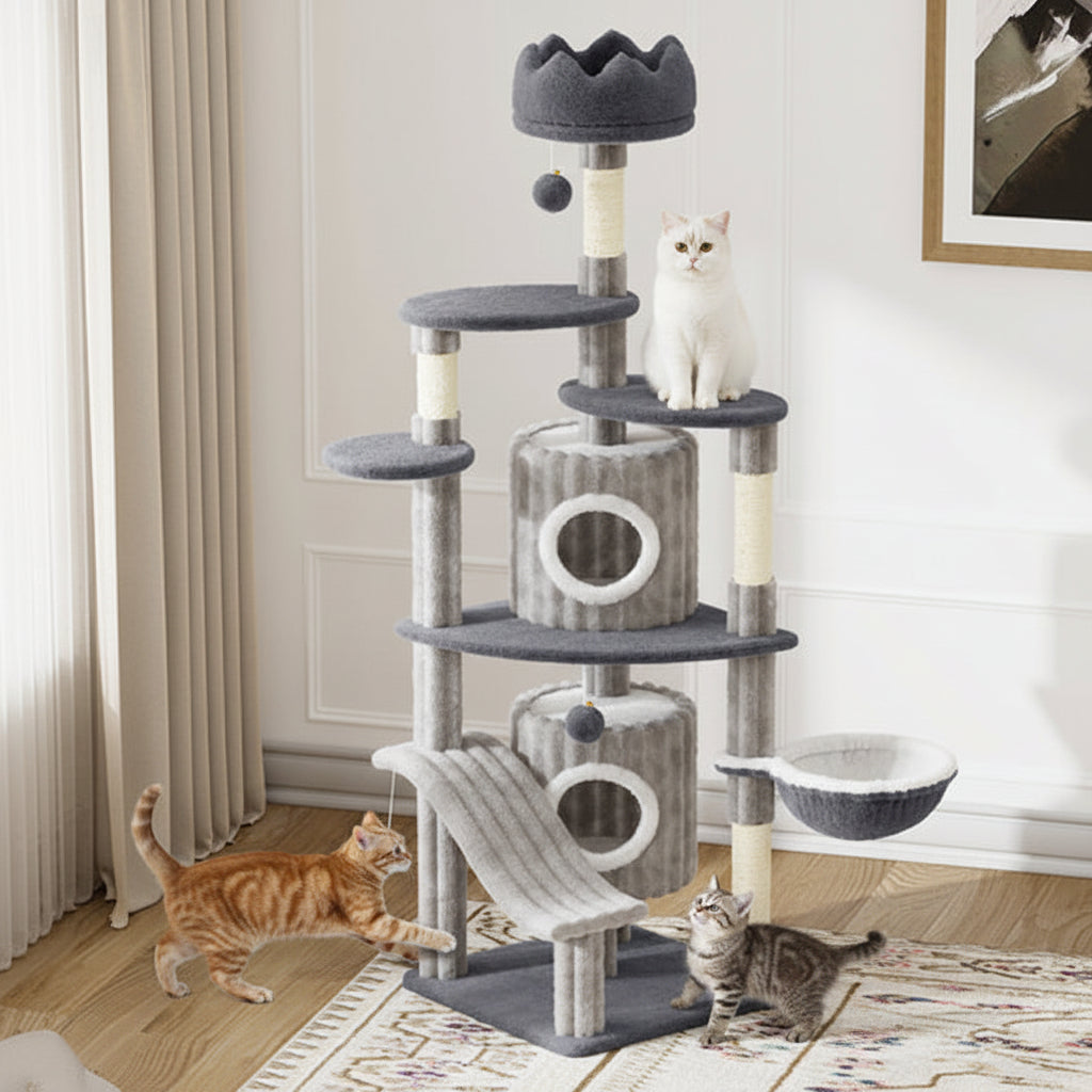Large cat tree styled in modern living room interior setting