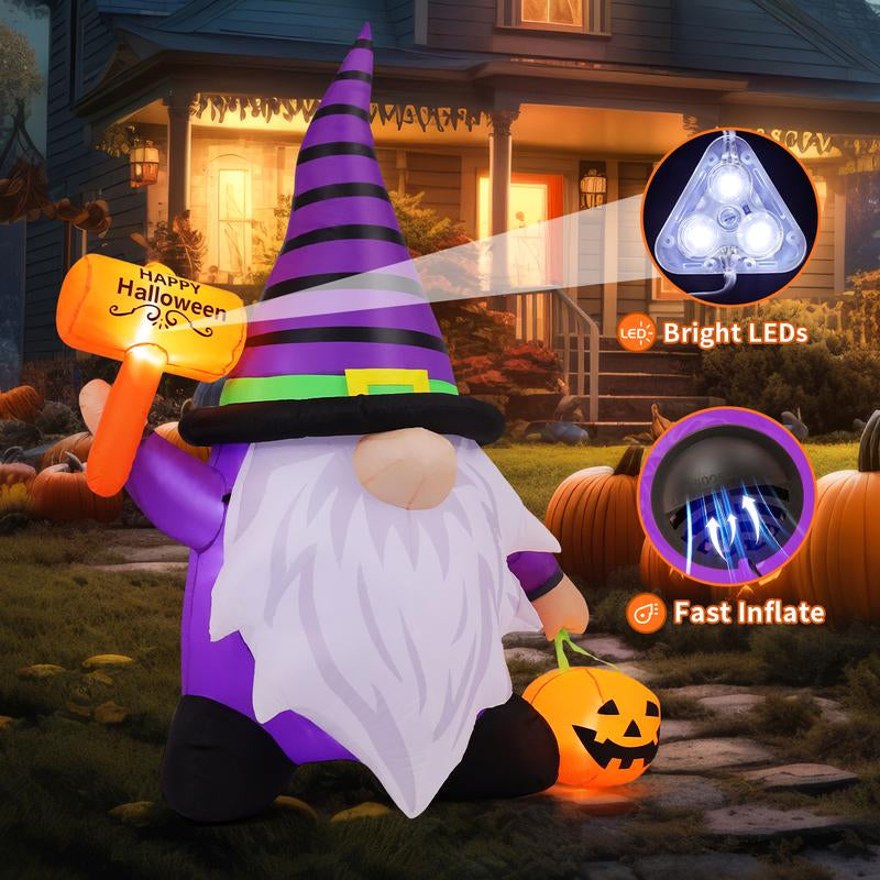 Halloween Gnome Inflatables 6.7 FT Outdoor Decorations, Halloween Gnome Blow up Yard Decorations Built-In LED Lights for Halloween Decoration, Purple