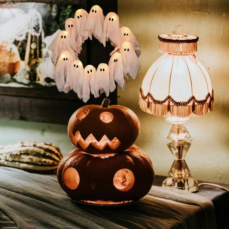 DIY Halloween Ghost Light Wreath, White Illuminated Ghost Wreath, Front Door Decoration, Indoor and Outdoor Wall, Window, Porch, Courtyard, Garden, Farmhouse, Family Party, Dance Party Decoration (No Battery, Need to Purchase AA Battery Yourself)