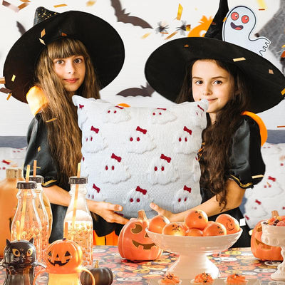 Halloween Pillow Covers 18X18 Set of 2 White Ghost Throw Pillow Cases Soft Plush Faux Fur Wool Cute Red Bow Pillowcases Couch Cushion Case Home Decor for Sofa Living Room