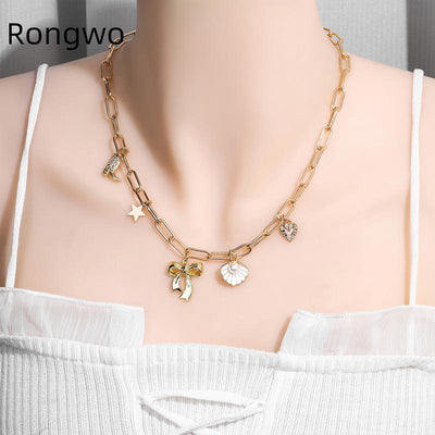 Exquisite Charms Pearl Pendant Necklace for Women Stainless Steel Gold Color Bow Charm Choker Conch Shell Fashion Jewelry