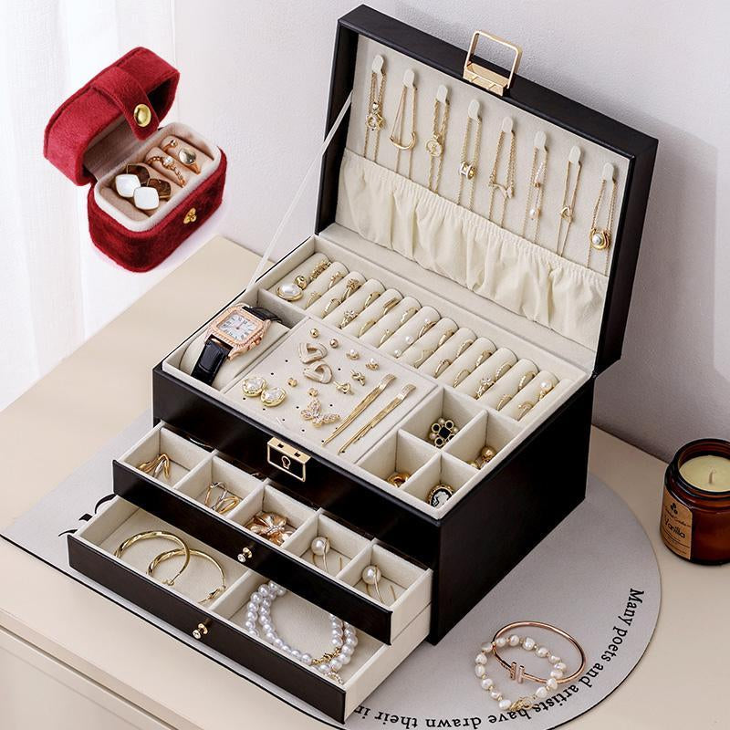3 Layers Jewelry Velvet Box, 1 Set Large Capacity Jewelry Holder Organizer with Drawer, Lockable Divided Compartments Jewelry Multilayer Storage Boxes for Earring Necklace Ring, Gift for Women, Durable Storage Organizer