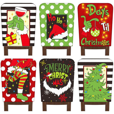 6 Pcs Christmas Chair Covers Christmas Themed Chair Back Covers Designed with Santa Clause Snowman Christmas Tree Elk Snowflake Nativity Patterns, Christmas Gifts, Festive Holiday Chair Protector for Home Dining Room Living Room Bedroom Decorations