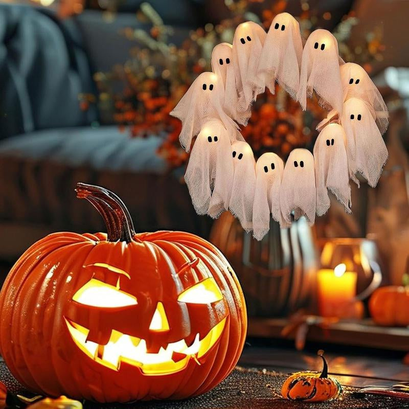 DIY Halloween Ghost Light Wreath, White Illuminated Ghost Wreath, Front Door Decoration, Indoor and Outdoor Wall, Window, Porch, Courtyard, Garden, Farmhouse, Family Party, Dance Party Decoration (No Battery, Need to Purchase AA Battery Yourself)