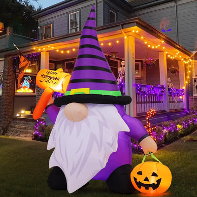 Halloween Gnome Inflatables 6.7 FT Outdoor Decorations, Halloween Gnome Blow up Yard Decorations Built-In LED Lights for Halloween Decoration, Purple