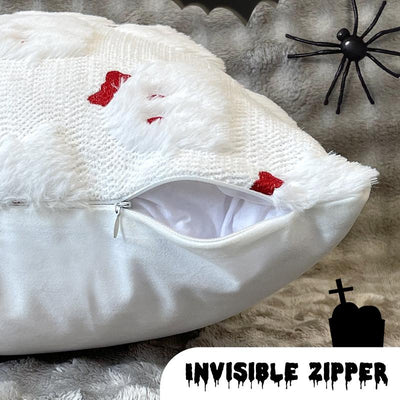 Halloween Pillow Covers 18X18 Set of 2 White Ghost Throw Pillow Cases Soft Plush Faux Fur Wool Cute Red Bow Pillowcases Couch Cushion Case Home Decor for Sofa Living Room