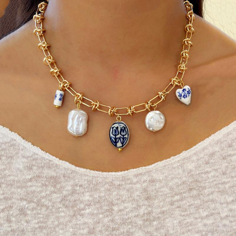Exquisite Charms Pearl Pendant Necklace for Women Stainless Steel Gold Color Bow Charm Choker Conch Shell Fashion Jewelry