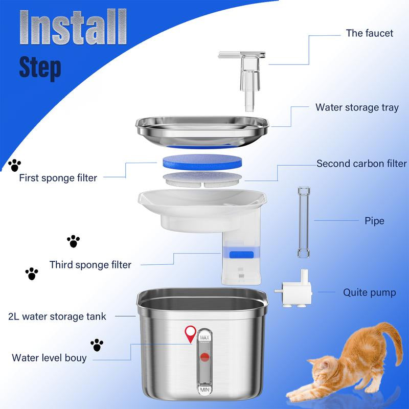 Cat Water Fountain, Stainless Steel Pet Water Fountain for Cats Inside, 3 Filters&Ultra-Quiet Pump, 2.2L/73Oz Automatic Dog Dispenser Water Bowl, Multiple Pets Water Fountain Square
