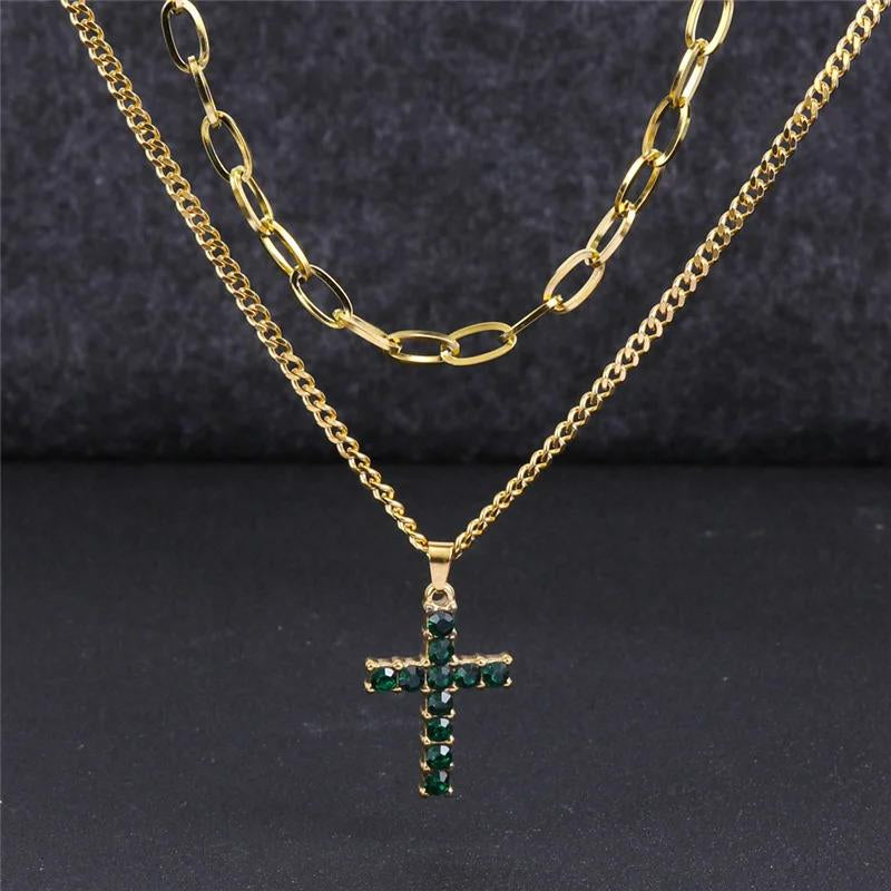 Stylish Stainless Steel Double - Row Cuban Link Chain with Sparkling Embellished Hip-Hop Cross Pendant Necklace