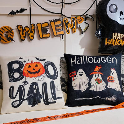 Ghost Halloween Decor-Throw Pillow Covers 18X18 in Set of 4,Spooky Gothic Linen Pillow Case for Couch Fall Christmas Holiday Outdoor Burnt Orange Black White Decorations