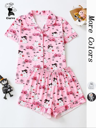 【Plus Size】 Cherry Print Top & Shorts Pyjama, Casual Comfy Short Sleeve Top & Shorts Pj Set, Women'S Sleepwear for Summer, Loungewear