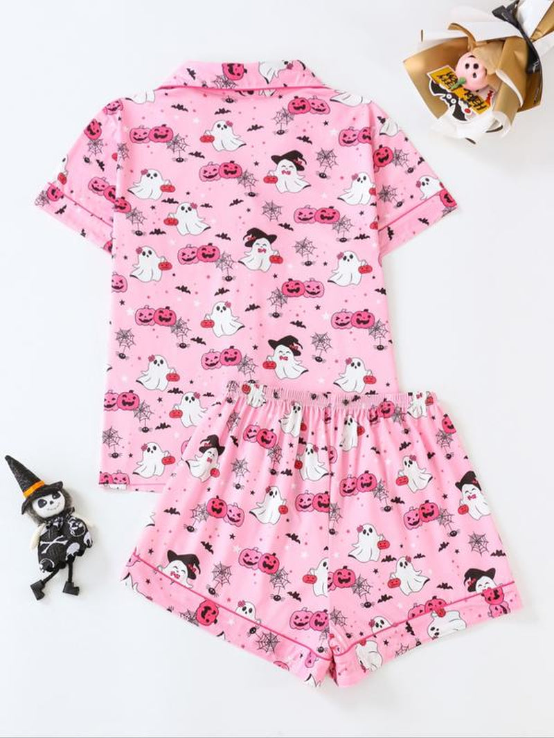 【Plus Size】 Cherry Print Top & Shorts Pyjama, Casual Comfy Short Sleeve Top & Shorts Pj Set, Women'S Sleepwear for Summer, Loungewear