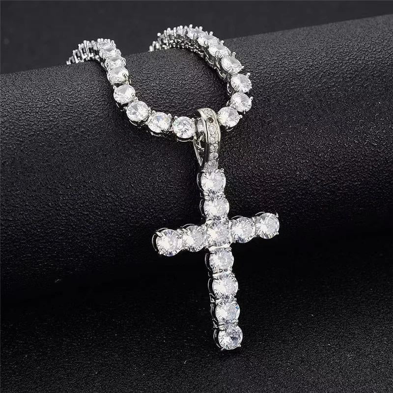 Stylish Stainless Steel Double - Row Cuban Link Chain with Sparkling Embellished Hip-Hop Cross Pendant Necklace