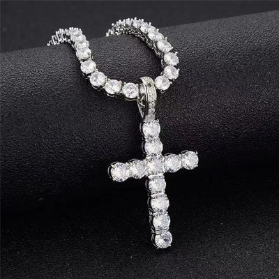 Stylish Stainless Steel Double - Row Cuban Link Chain with Sparkling Embellished Hip-Hop Cross Pendant Necklace
