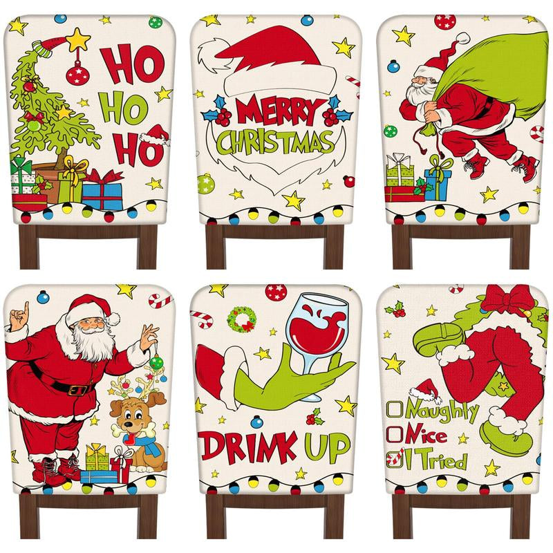 6 Pcs Christmas Chair Covers Christmas Themed Chair Back Covers Designed with Santa Clause Snowman Christmas Tree Elk Snowflake Nativity Patterns, Christmas Gifts, Festive Holiday Chair Protector for Home Dining Room Living Room Bedroom Decorations