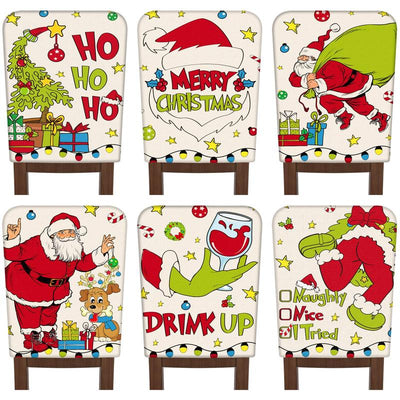 6 Pcs Christmas Chair Covers Christmas Themed Chair Back Covers Designed with Santa Clause Snowman Christmas Tree Elk Snowflake Nativity Patterns, Christmas Gifts, Festive Holiday Chair Protector for Home Dining Room Living Room Bedroom Decorations