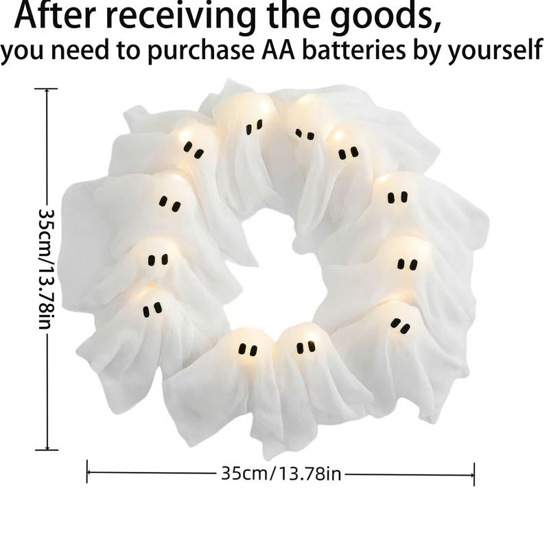 DIY Halloween Ghost Light Wreath, White Illuminated Ghost Wreath, Front Door Decoration, Indoor and Outdoor Wall, Window, Porch, Courtyard, Garden, Farmhouse, Family Party, Dance Party Decoration (No Battery, Need to Purchase AA Battery Yourself)