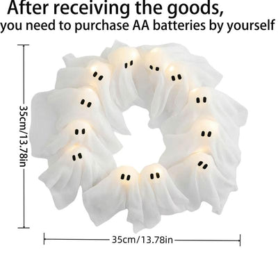 DIY Halloween Ghost Light Wreath, White Illuminated Ghost Wreath, Front Door Decoration, Indoor and Outdoor Wall, Window, Porch, Courtyard, Garden, Farmhouse, Family Party, Dance Party Decoration (No Battery, Need to Purchase AA Battery Yourself)