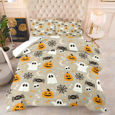2/3 Piece Halloween Themed Bedding Set, Ghost/Spider Pattern Printed Comforter and Pillowcase, with Quilt Core but without Pillow Core, Fabric Soft Comfortable, Perfect Choice for Children'S Bedroom Decoration