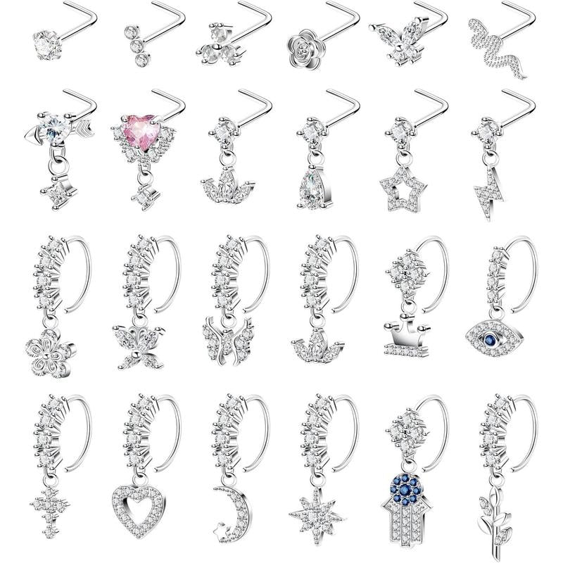 24 Count 20G Surgical Steel Dangle Nose Ring for Women L Shaped Dangling Nose Stud Dainty Nose Hoop Set CZ Flower Leaf Heart Moon Star Butterfly Dangle Nose Piercing