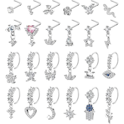 24 Count 20G Surgical Steel Dangle Nose Ring for Women L Shaped Dangling Nose Stud Dainty Nose Hoop Set CZ Flower Leaf Heart Moon Star Butterfly Dangle Nose Piercing