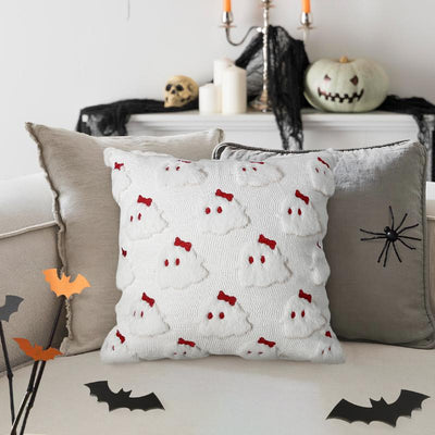 Halloween Pillow Covers 18X18 Set of 2 White Ghost Throw Pillow Cases Soft Plush Faux Fur Wool Cute Red Bow Pillowcases Couch Cushion Case Home Decor for Sofa Living Room