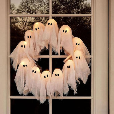 DIY Halloween Ghost Light Wreath, White Illuminated Ghost Wreath, Front Door Decoration, Indoor and Outdoor Wall, Window, Porch, Courtyard, Garden, Farmhouse, Family Party, Dance Party Decoration (No Battery, Need to Purchase AA Battery Yourself)